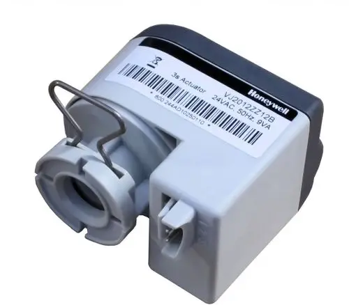 Honeywell-Antrieb für ein 3-Wege-Ventil, kompakte Bauform, mit Anschluss und Halterung, geeignet für die Steuerung von Heizungs- oder Kühlsystemen.